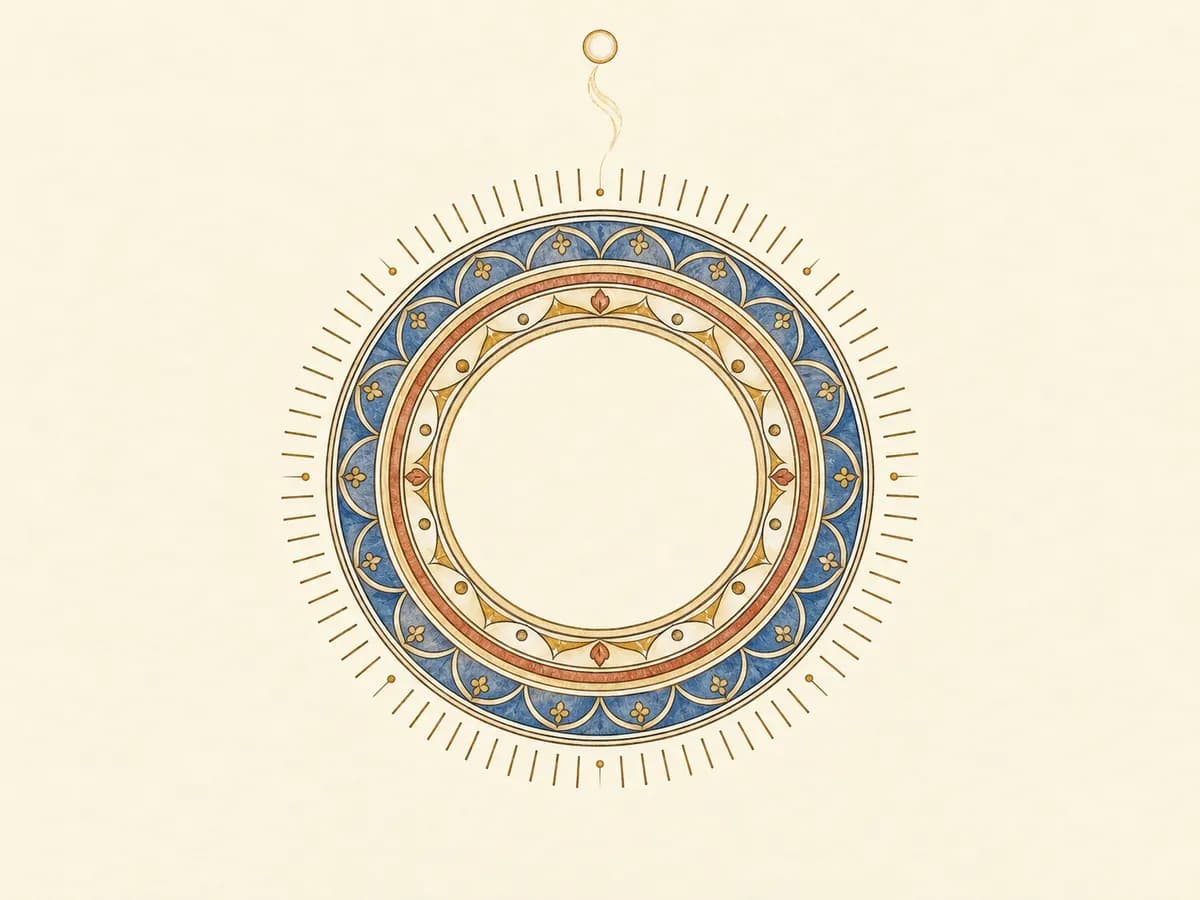 A breath dial ringed by fine ticks in eight groups, with a small golden ring drifting away from the top. Watercolour atlas plate.