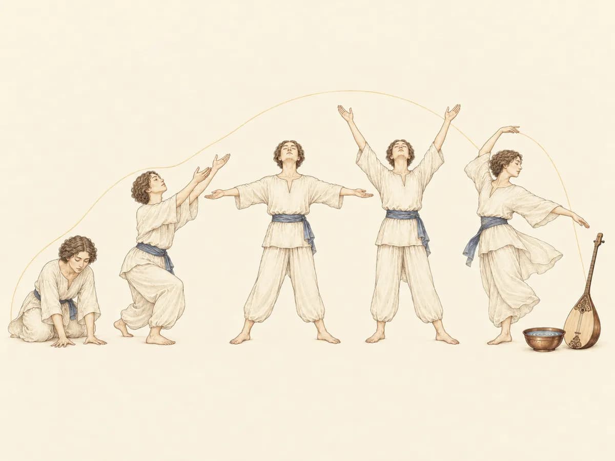 Five stages of a figure rising from the ground, lifting the arms and turning, with a dombra and a copper bowl of water beside it. Watercolour atlas plate.