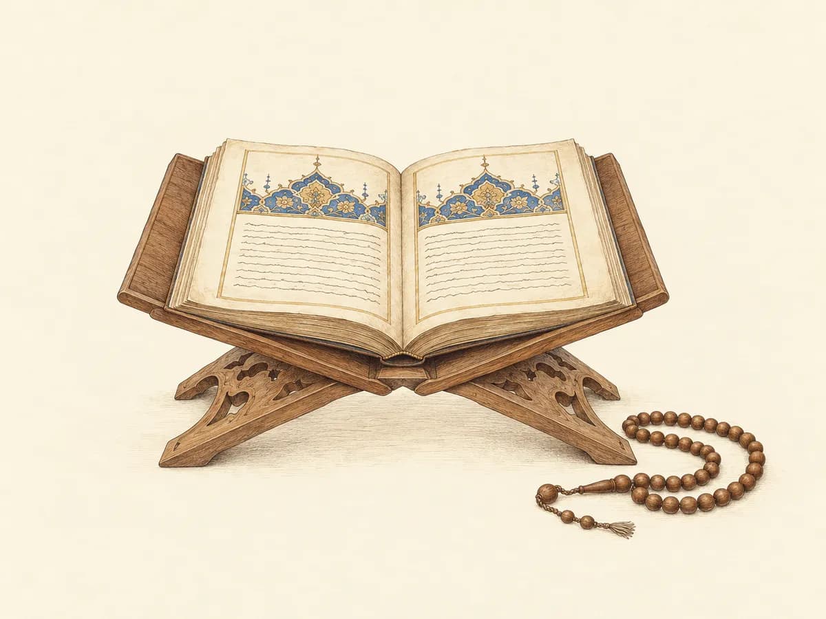 Oyma ahşap bir rahle üzerinde tezhipli, açık bir yazma eser ve yanında tesbih. Suluboya atlas levhası.