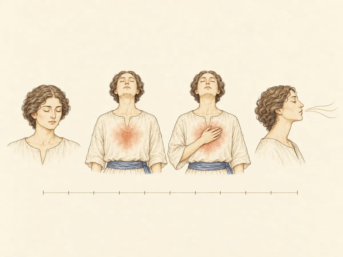 Aynı kişinin dört hâli: gözler kapalı, göğüste sıcak bir renk, göğse konan el ve dudaklardan çıkan nefes çizgileri; altında ince bir ölçek. Suluboya atlas levhası.
