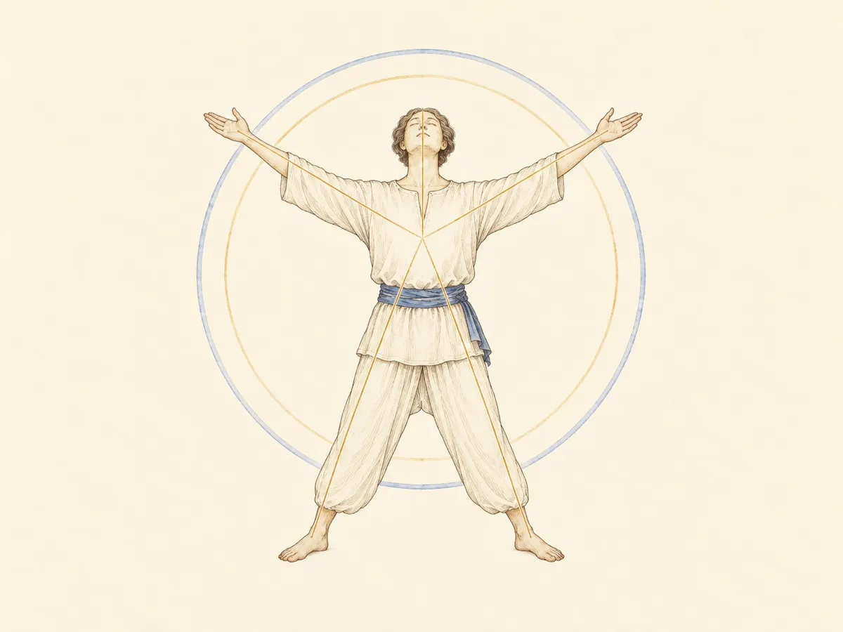 Keten giysili, ayakları açık ve kolları yukarıda yıldız gibi açılmış bir figür; göğsünden beş uca ince çizgiler uzanıyor. Suluboya atlas levhası.